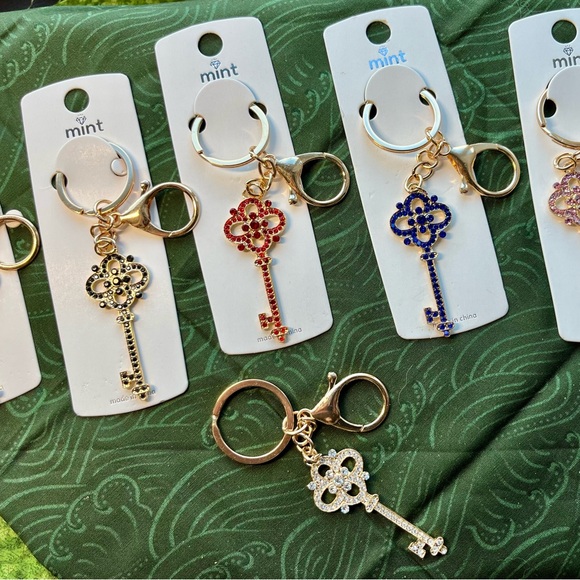 Mint Key-Shaped Charm Keychain in Gold tone and Various Colors, White Shown - Picture 3 of 4